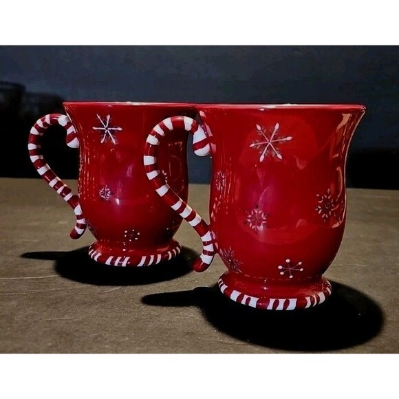 2 TRACY PORTER Christmas JOLLY OL' SNOWY Coffee Cocoa Mugs Cup Red-White Snowman - Picture 2 of 6